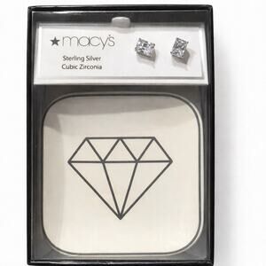 Macy’s CZ Stud Earrings Gift Set w/ Small Plate Silver Tone, NWT